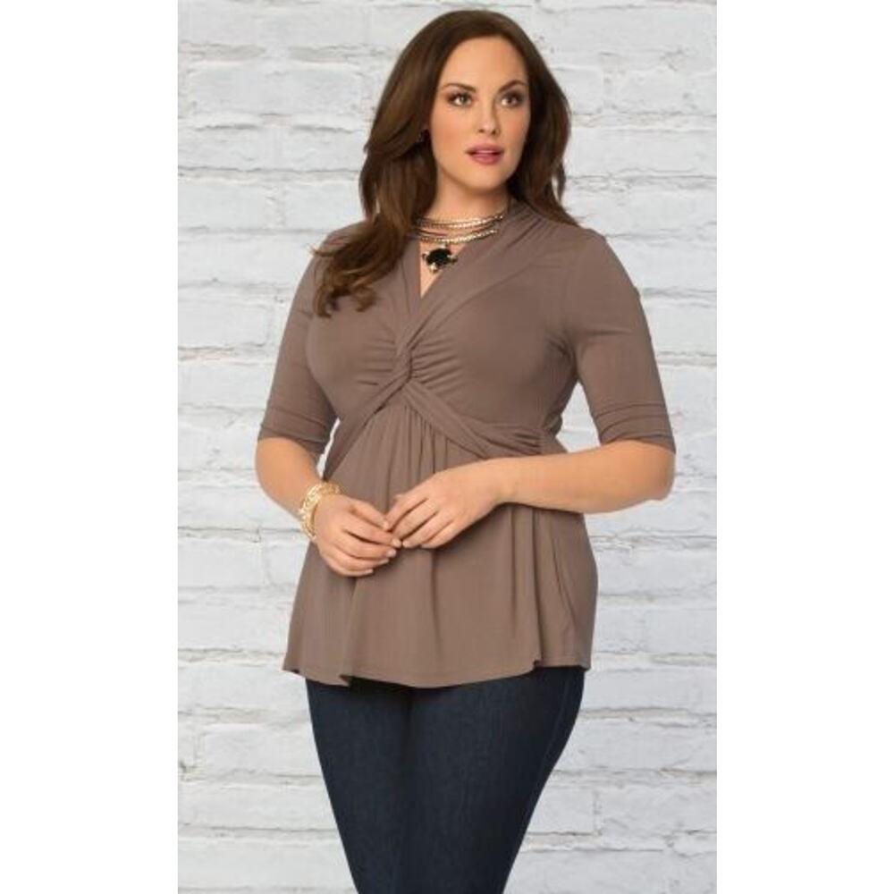 Kiyonna Top 3X Brown Taupe Caycee Twist Front Slimming Empire Waistline V Neck - Picture 9 of 11